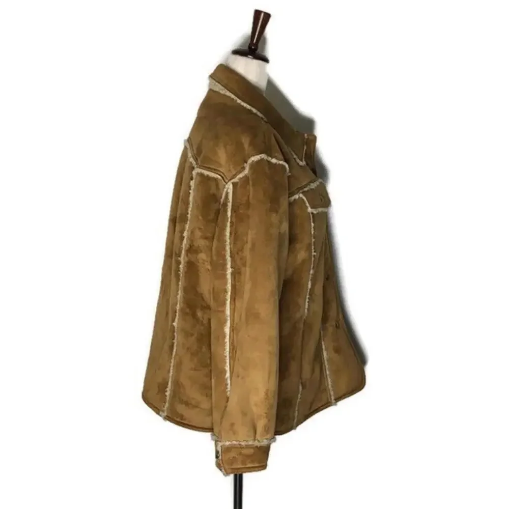 Vtg Back In The Saddle Brown Faux Suede Button Front Sherpa Lined Jacket L NWOT - Picture 4 of 7